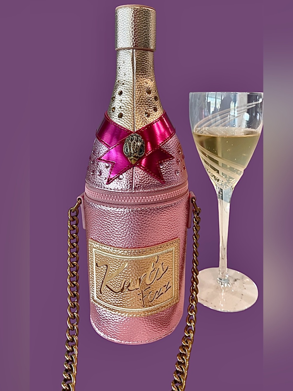 Kurt Geiger Champagne Bottle Crossbody Purse Pinks & Gold PU Leather/Dust BagNWT - Picture 8 of 17